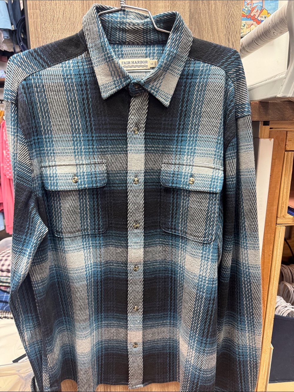 Fair Harbor Black, Blue & White Plaid Casual Button-Down Shirt